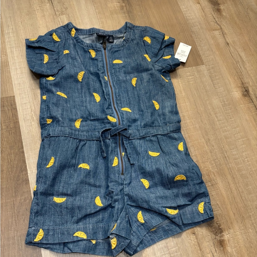 GAP kids Denim Romper with lemons embroidery print.